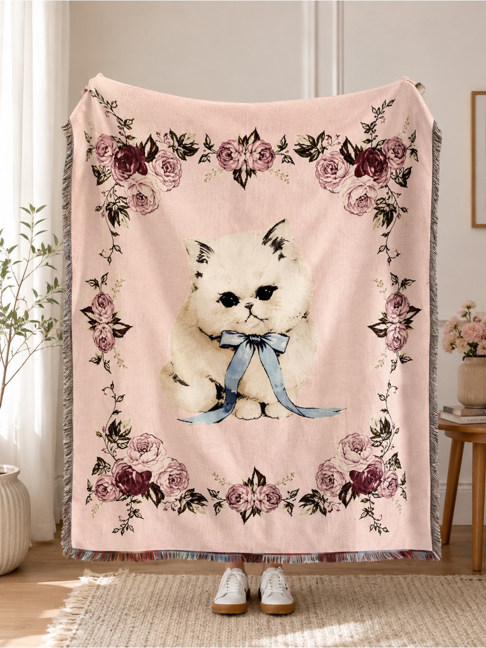 Teen Home Cat Woven Throw Blanket Pink Floral Kitty Fringe 50x60 NWT